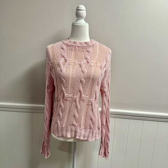 Sablyn Mitzy Pullover Crewneck Cable Knit Distressed Sweater Light Pink XS - Picture 12 of 12